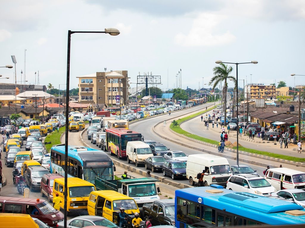 Cars and buses on the road